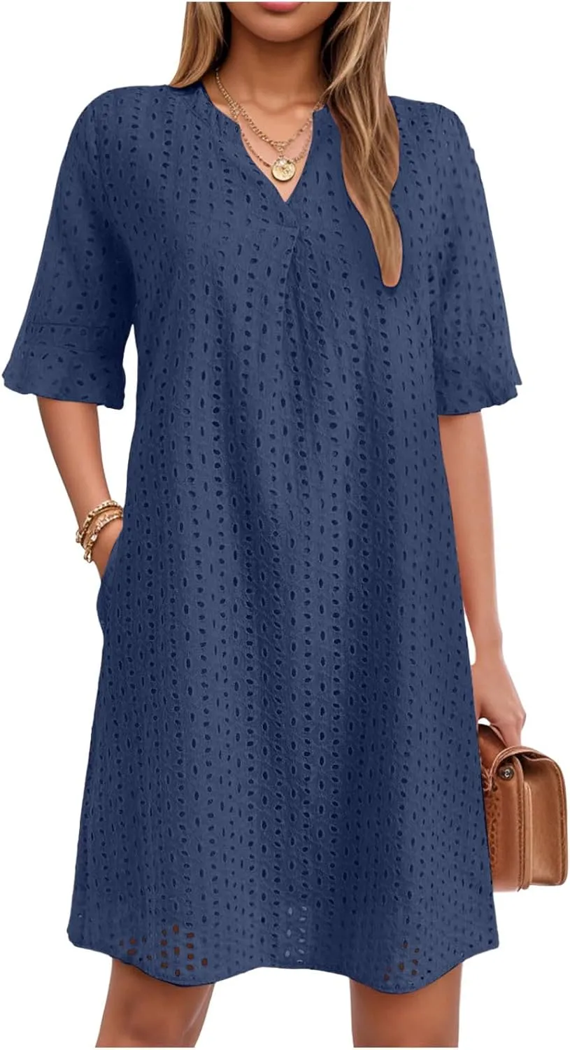 Rvidbe Women's 2025 Summer Short Sleeve Mini Dress V Neck Ruffle Hollow Out Eyelet Lace Dresses Vacation Beach Sundress