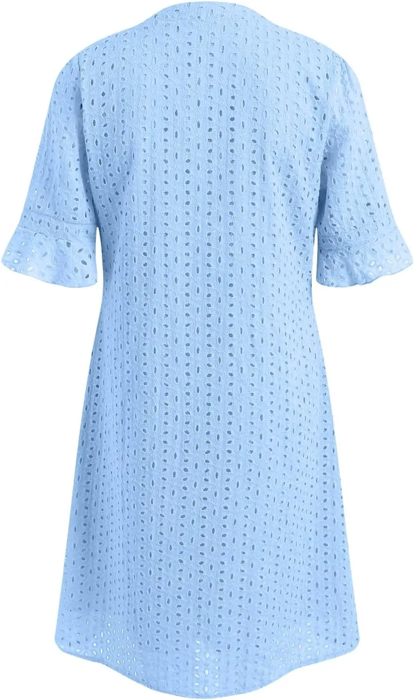 Rvidbe Women's 2025 Summer Short Sleeve Mini Dress V Neck Ruffle Hollow Out Eyelet Lace Dresses Vacation Beach Sundress