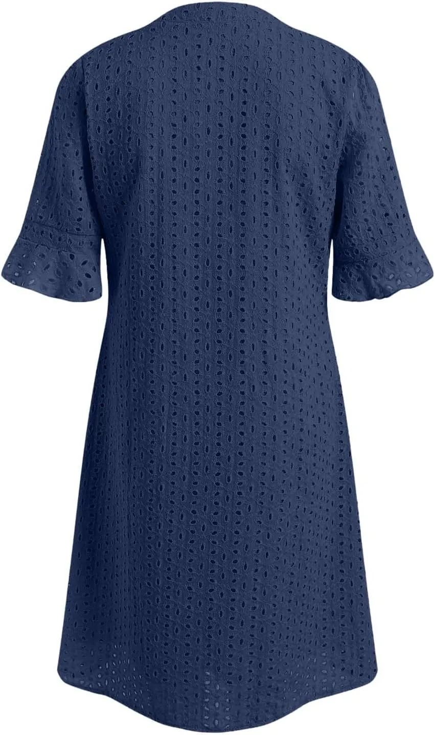 Rvidbe Women's 2025 Summer Short Sleeve Mini Dress V Neck Ruffle Hollow Out Eyelet Lace Dresses Vacation Beach Sundress