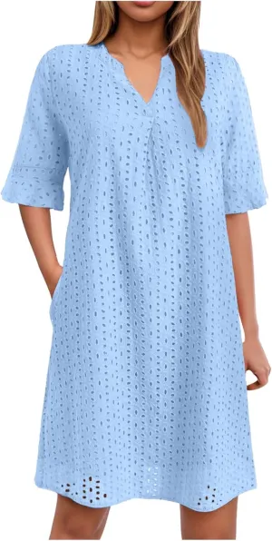 Rvidbe Women's 2025 Summer Short Sleeve Mini Dress V Neck Ruffle Hollow Out Eyelet Lace Dresses Vacation Beach Sundress