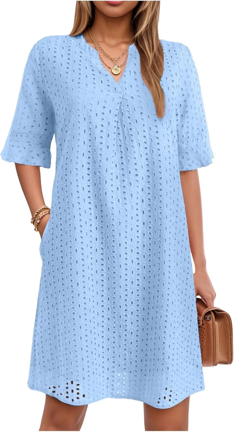 Rvidbe Women's 2025 Summer Short Sleeve Mini Dress V Neck Ruffle Hollow Out Eyelet Lace Dresses Vacation Beach Sundress