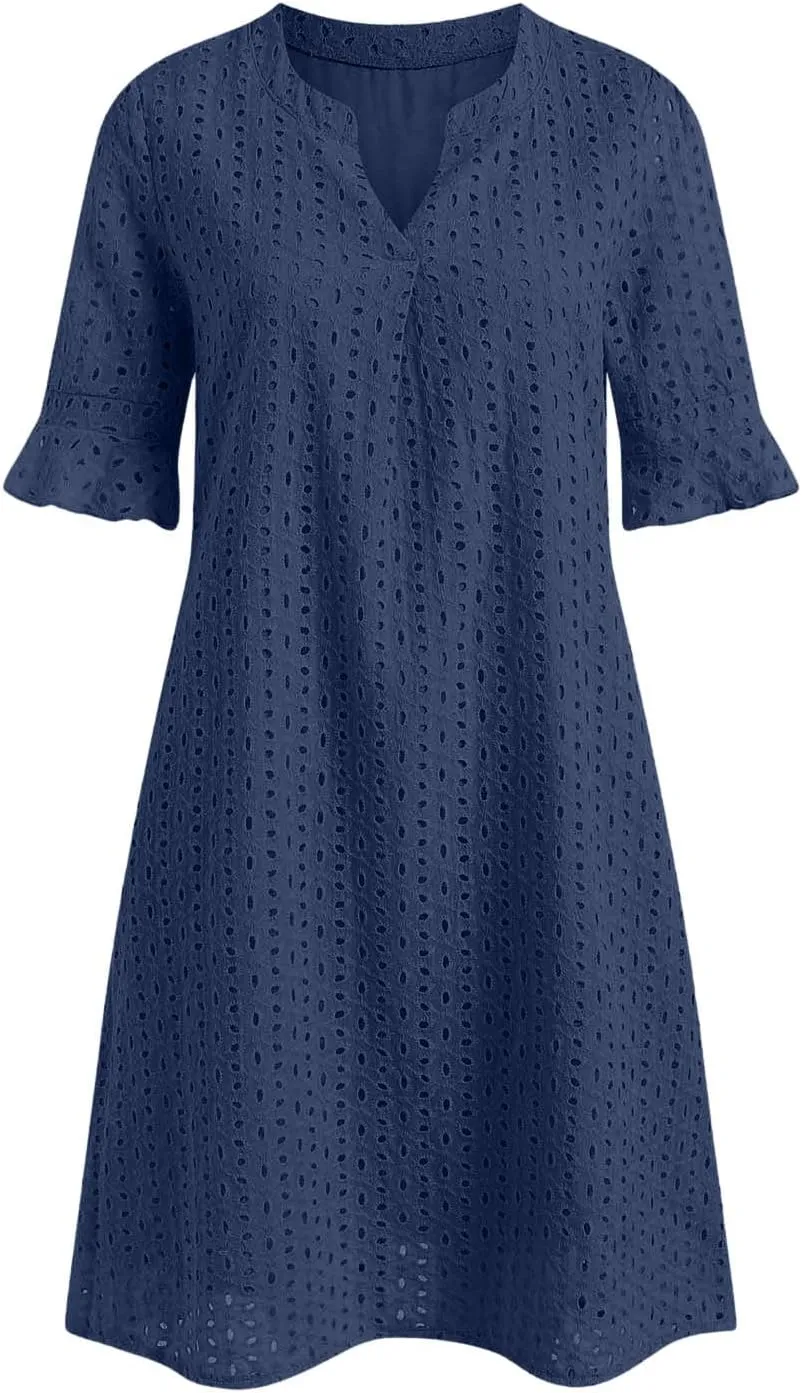 Rvidbe Women's 2025 Summer Short Sleeve Mini Dress V Neck Ruffle Hollow Out Eyelet Lace Dresses Vacation Beach Sundress