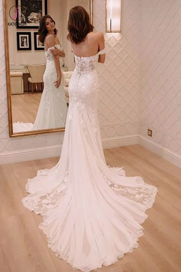 Sexy Off Shoulder Appliqued Beach Wedding Dress with Court Train, Ivory Bridal Dress KPW0225