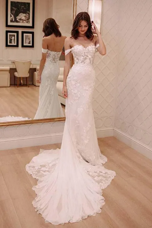 Sexy Off Shoulder Appliqued Beach with Court Train Ivory Wedding Dress