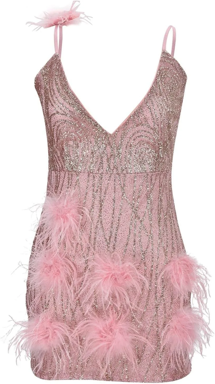 Sexy Party Dress with Feather Halter and Deep V Neck for Women Plus Size Fancy Dresses