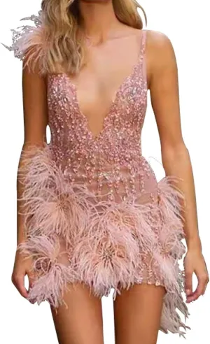 Sexy Party Dress with Feather Halter and Deep V Neck for Women Plus Size Fancy Dresses