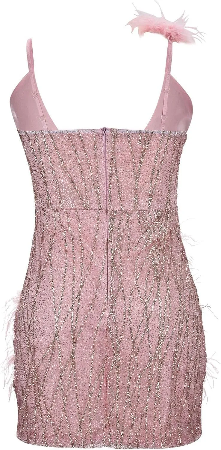 Sexy Party Dress with Feather Halter and Deep V Neck for Women Plus Size Fancy Dresses