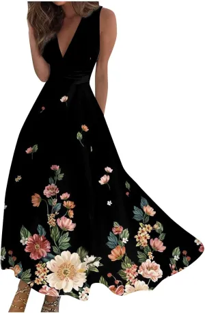 Sleeveless Dress Womens Fashion Maxi Loose V Neck Women's Outdoor Floral Print Weekend Line 2024 Swing Streetwear