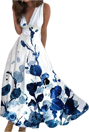 Sleeveless Dress Womens Fashion Maxi Loose V Neck Women's Outdoor Floral Print Weekend Line 2024 Swing Streetwear