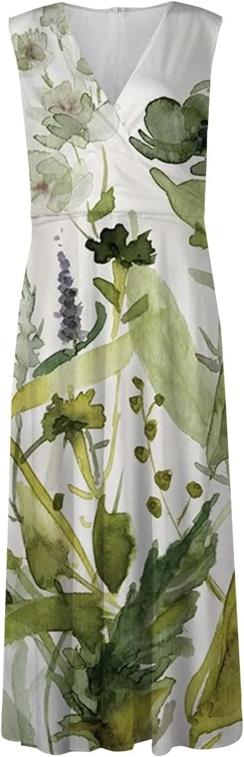 Sleeveless Dress Womens Fashion Maxi Loose V Neck Women's Outdoor Floral Print Weekend Line 2024 Swing Streetwear