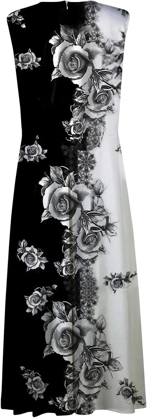 Sleeveless Dress Womens Fashion Maxi Loose V Neck Women's Outdoor Floral Print Weekend Line 2024 Swing Streetwear