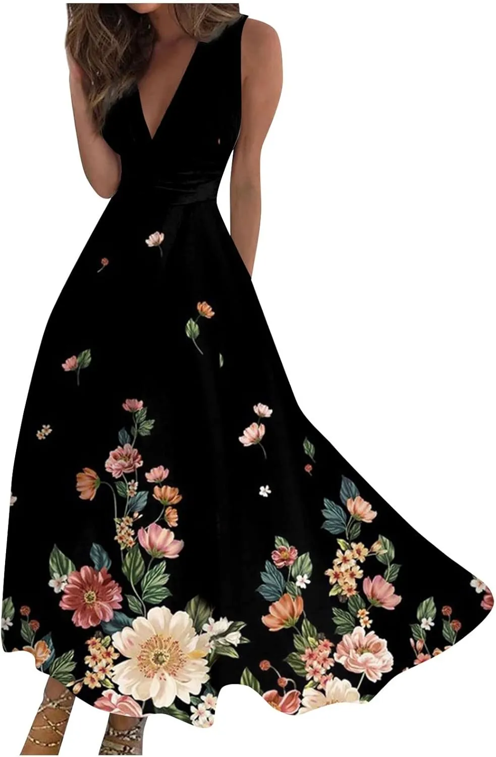 Sleeveless Dress Womens Fashion Maxi Loose V Neck Women's Outdoor Floral Print Weekend Line 2024 Swing Streetwear