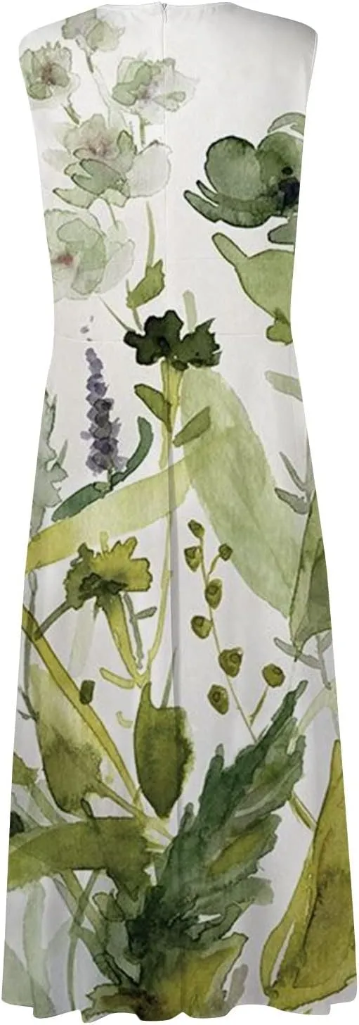 Sleeveless Dress Womens Fashion Maxi Loose V Neck Women's Outdoor Floral Print Weekend Line 2024 Swing Streetwear