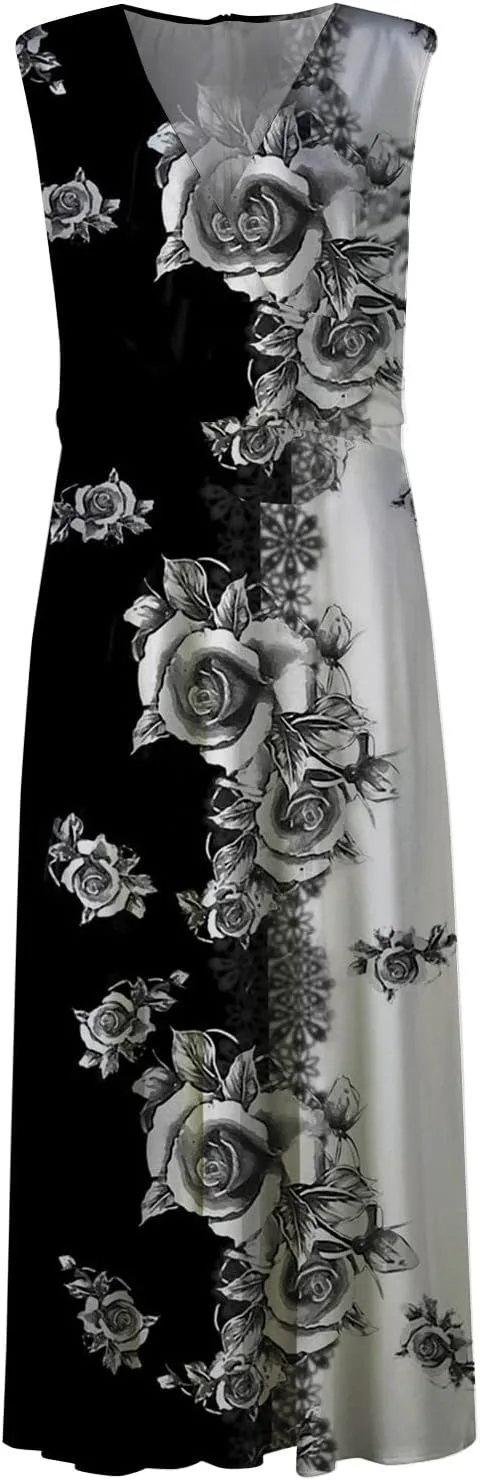 Sleeveless Dress Womens Fashion Maxi Loose V Neck Women's Outdoor Floral Print Weekend Line 2024 Swing Streetwear
