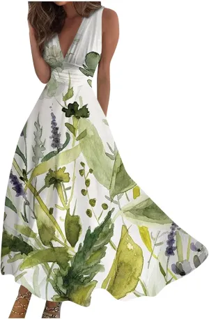 Sleeveless Dress Womens Fashion Maxi Loose V Neck Women's Outdoor Floral Print Weekend Line 2024 Swing Streetwear