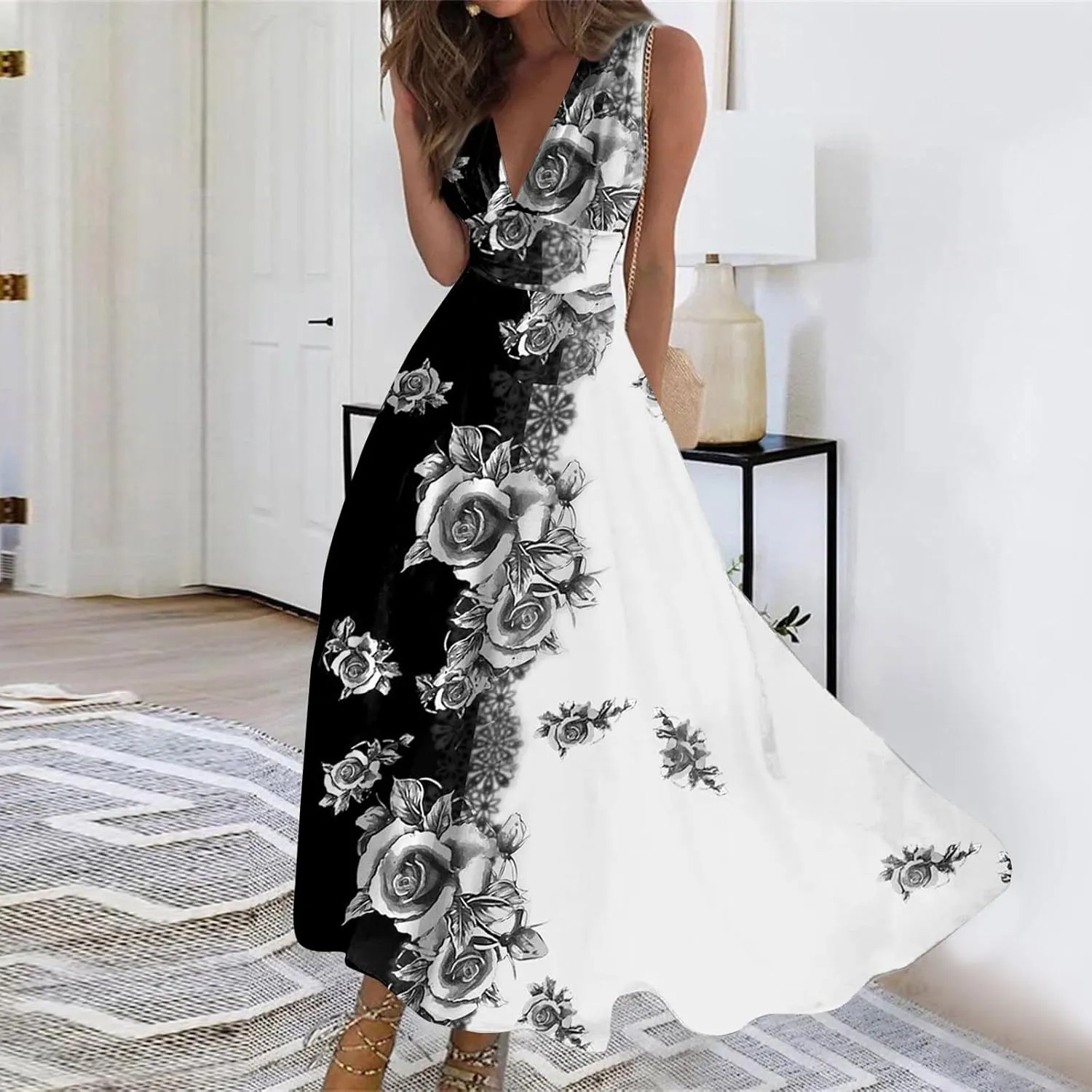 Sleeveless Dress Womens Fashion Maxi Loose V Neck Women's Outdoor Floral Print Weekend Line 2024 Swing Streetwear