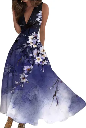 Sleeveless Dress Womens Fashion Maxi Loose V Neck Women's Outdoor Floral Print Weekend Line 2024 Swing Streetwear