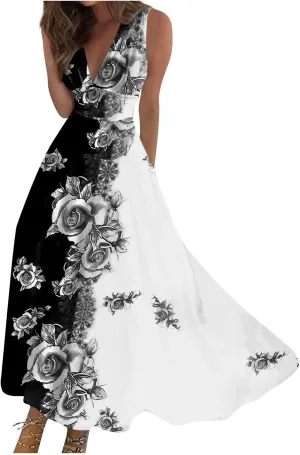 Sleeveless Dress Womens Fashion Maxi Loose V Neck Women's Outdoor Floral Print Weekend Line 2024 Swing Streetwear