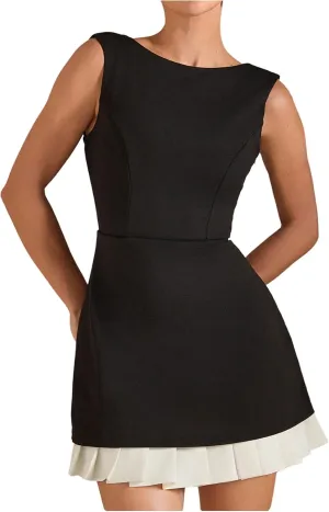 SOLY HUX Women's Pleated Mini Dress Sleeveless Round Neck Backless Party Tank Dresses