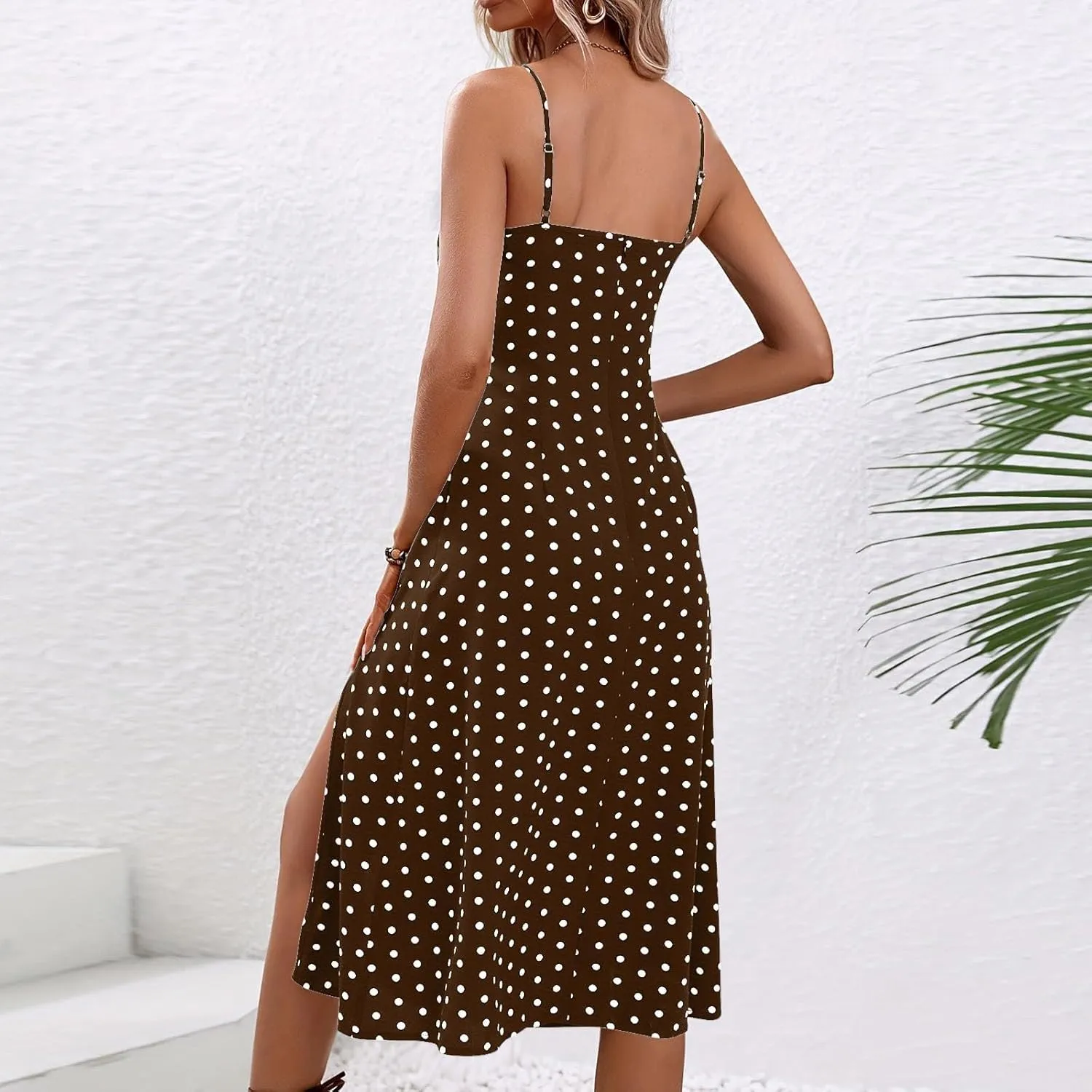 Spaghetti Strap Sundresses for Women 2025 Summer Side Slit Polka Dot Midi Dress Sexy Comfy Bodycon A Line Beach Dress