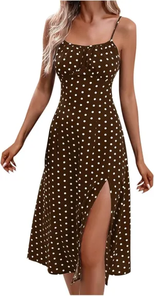 Spaghetti Strap Sundresses for Women 2025 Summer Side Slit Polka Dot Midi Dress Sexy Comfy Bodycon A Line Beach Dress