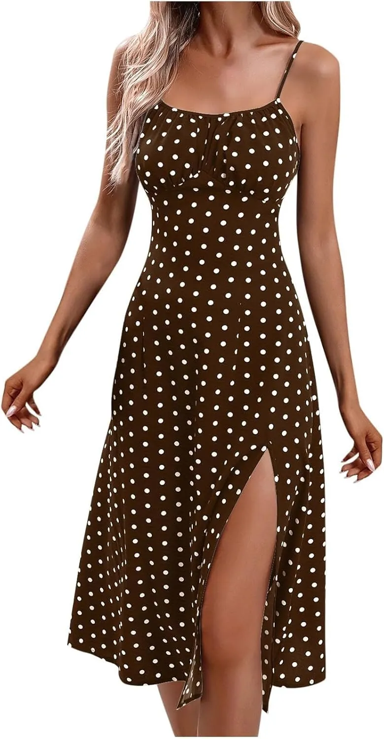 Spaghetti Strap Sundresses for Women 2025 Summer Side Slit Polka Dot Midi Dress Sexy Comfy Bodycon A Line Beach Dress