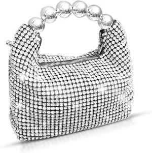 Sparkling Rhinestone Evening Bag, Small Tote Bag, Silver Beads Handles Handle Clutch Purses for Wedding, Prom, Parties