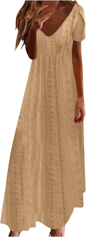 Spring Dresses for Women 2025 Eyelet Ruffle Short Sleeve Solid V Neck Casual Maxi Dresses Beach Vacation Long Dress