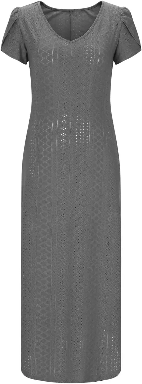 Spring Dresses for Women 2025 Eyelet Ruffle Short Sleeve Solid V Neck Casual Maxi Dresses Beach Vacation Long Dress