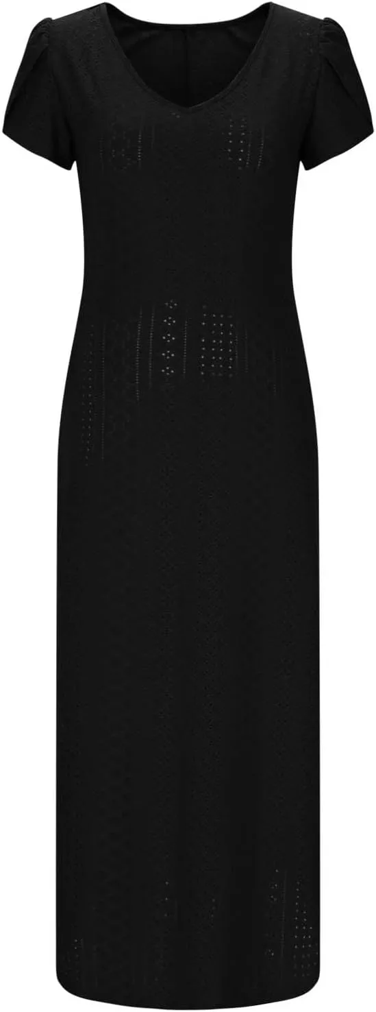 Spring Dresses for Women 2025 Eyelet Ruffle Short Sleeve Solid V Neck Casual Maxi Dresses Beach Vacation Long Dress