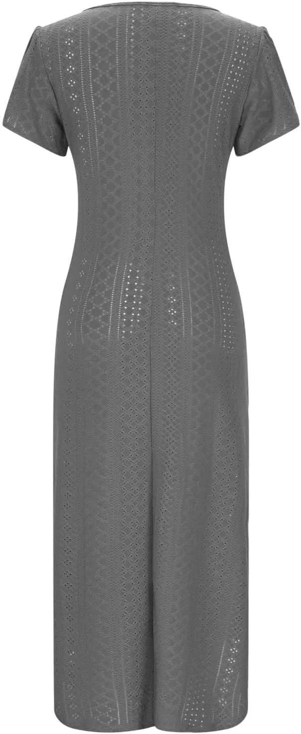 Spring Dresses for Women 2025 Eyelet Ruffle Short Sleeve Solid V Neck Casual Maxi Dresses Beach Vacation Long Dress