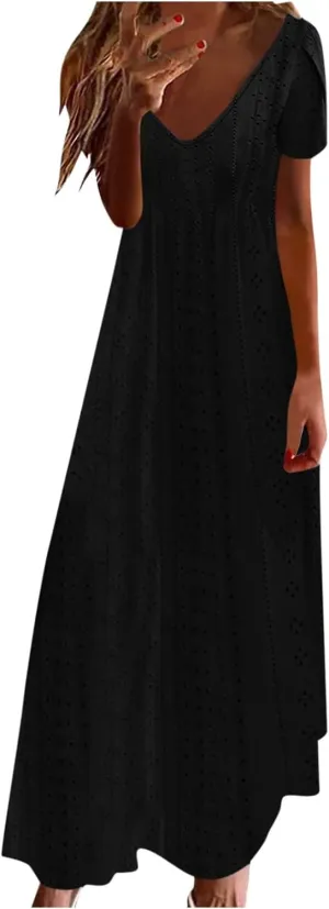 Spring Dresses for Women 2025 Eyelet Ruffle Short Sleeve Solid V Neck Casual Maxi Dresses Beach Vacation Long Dress