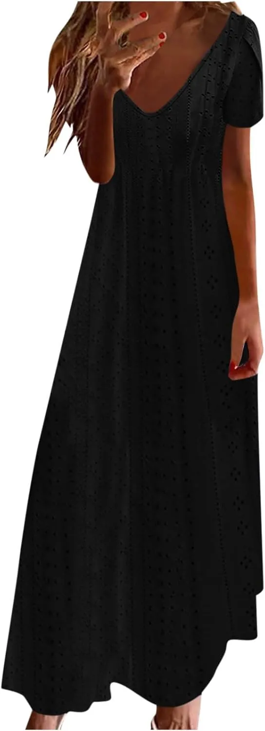 Spring Dresses for Women 2025 Eyelet Ruffle Short Sleeve Solid V Neck Casual Maxi Dresses Beach Vacation Long Dress