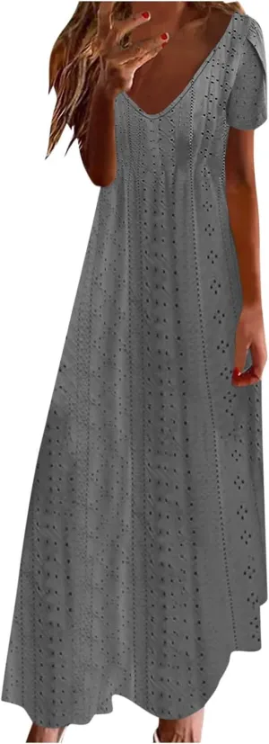 Spring Dresses for Women 2025 Eyelet Ruffle Short Sleeve Solid V Neck Casual Maxi Dresses Beach Vacation Long Dress