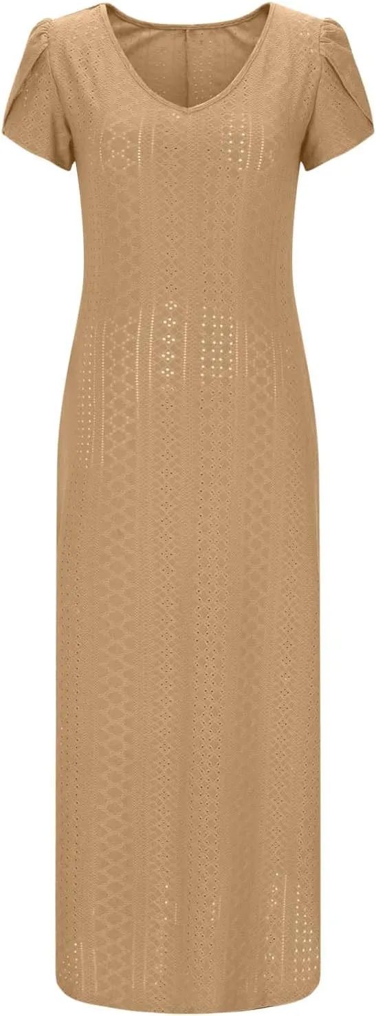Spring Dresses for Women 2025 Eyelet Ruffle Short Sleeve Solid V Neck Casual Maxi Dresses Beach Vacation Long Dress