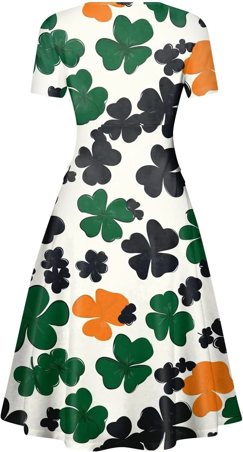 St Patricks Day Dress Women Elegant Short Sleeve Princess V Neck Pulled Ruffle Shamrock Print Waist Drawstring Dresses