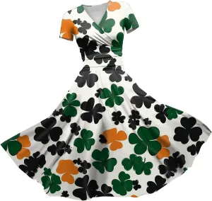 St Patricks Day Dress Women Elegant Short Sleeve Princess V Neck Pulled Ruffle Shamrock Print Waist Drawstring Dresses