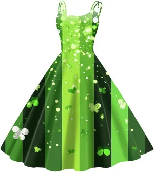 St Patrick's Day Dress Womens Loose Off Shoulder Vintage Sleeveless Midi A-Line Shamrock Print Swing Dresses