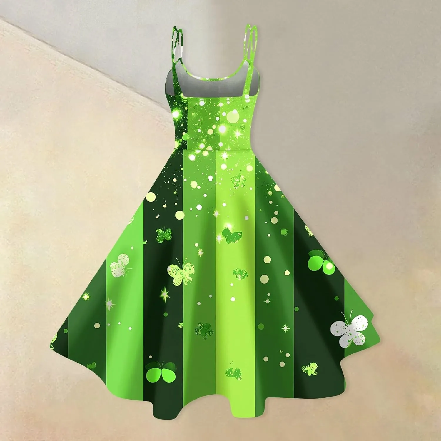 St Patrick's Day Dress Womens Loose Off Shoulder Vintage Sleeveless Midi A-Line Shamrock Print Swing Dresses