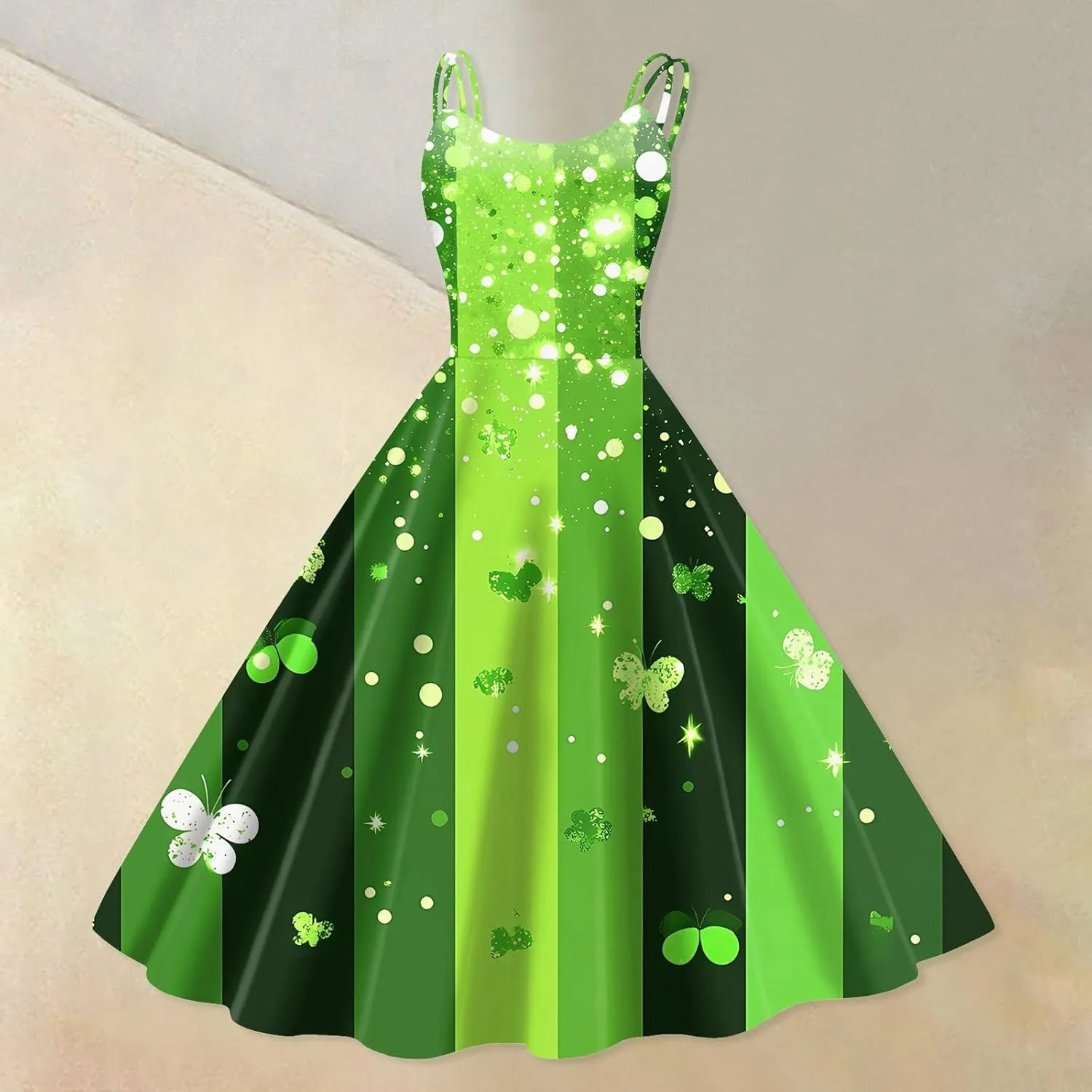 St Patrick's Day Dress Womens Loose Off Shoulder Vintage Sleeveless Midi A-Line Shamrock Print Swing Dresses
