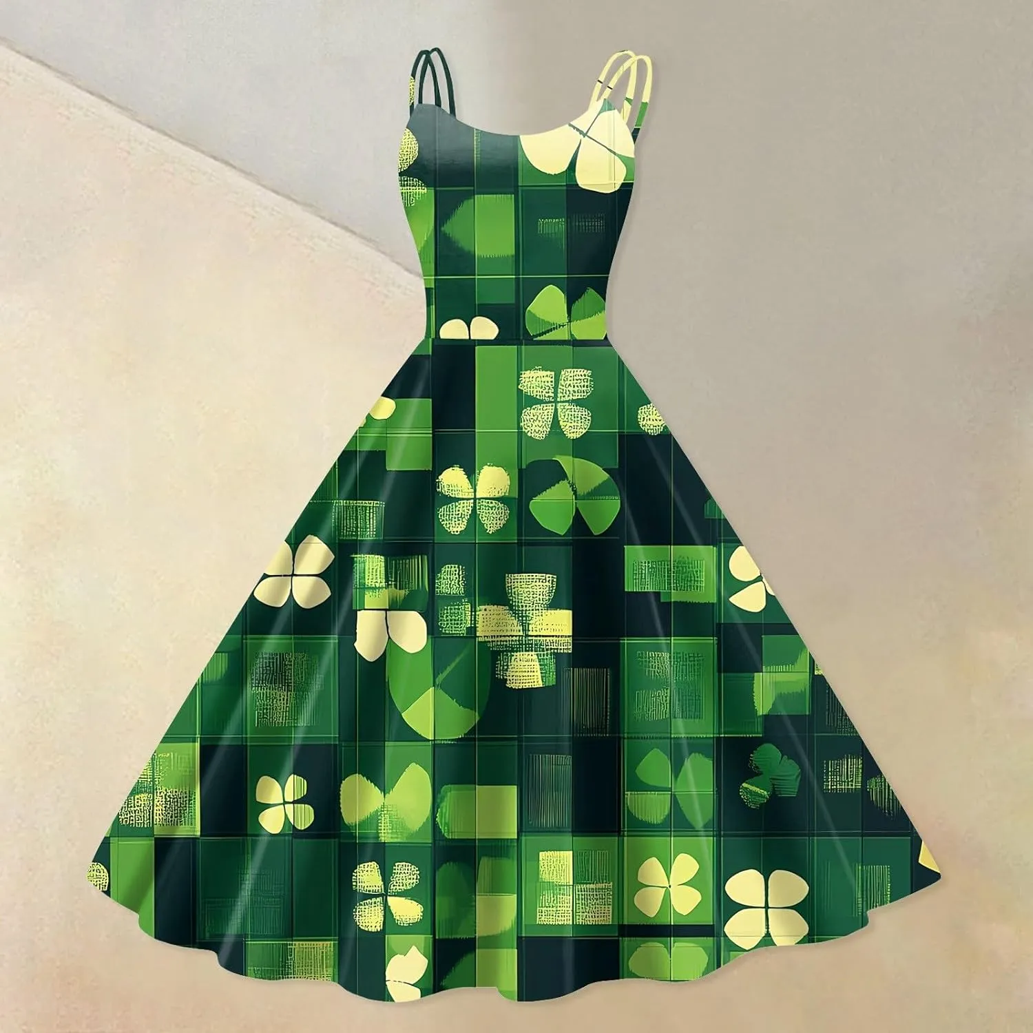 St Patricks Dress Ladies Dressy Vintage Sleeveless Midi Off Shoulder A-Line Swing Shamrock Print Dresses