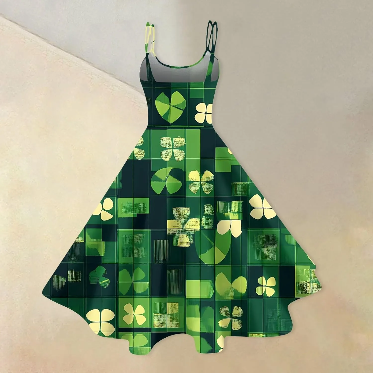 St Patricks Dress Ladies Dressy Vintage Sleeveless Midi Off Shoulder A-Line Swing Shamrock Print Dresses