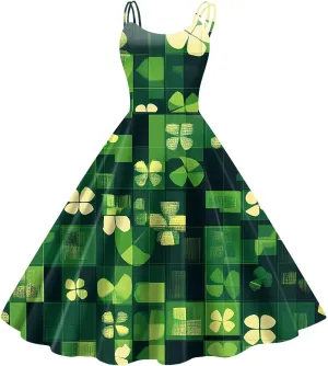 St Patricks Dress Ladies Dressy Vintage Sleeveless Midi Off Shoulder A-Line Swing Shamrock Print Dresses