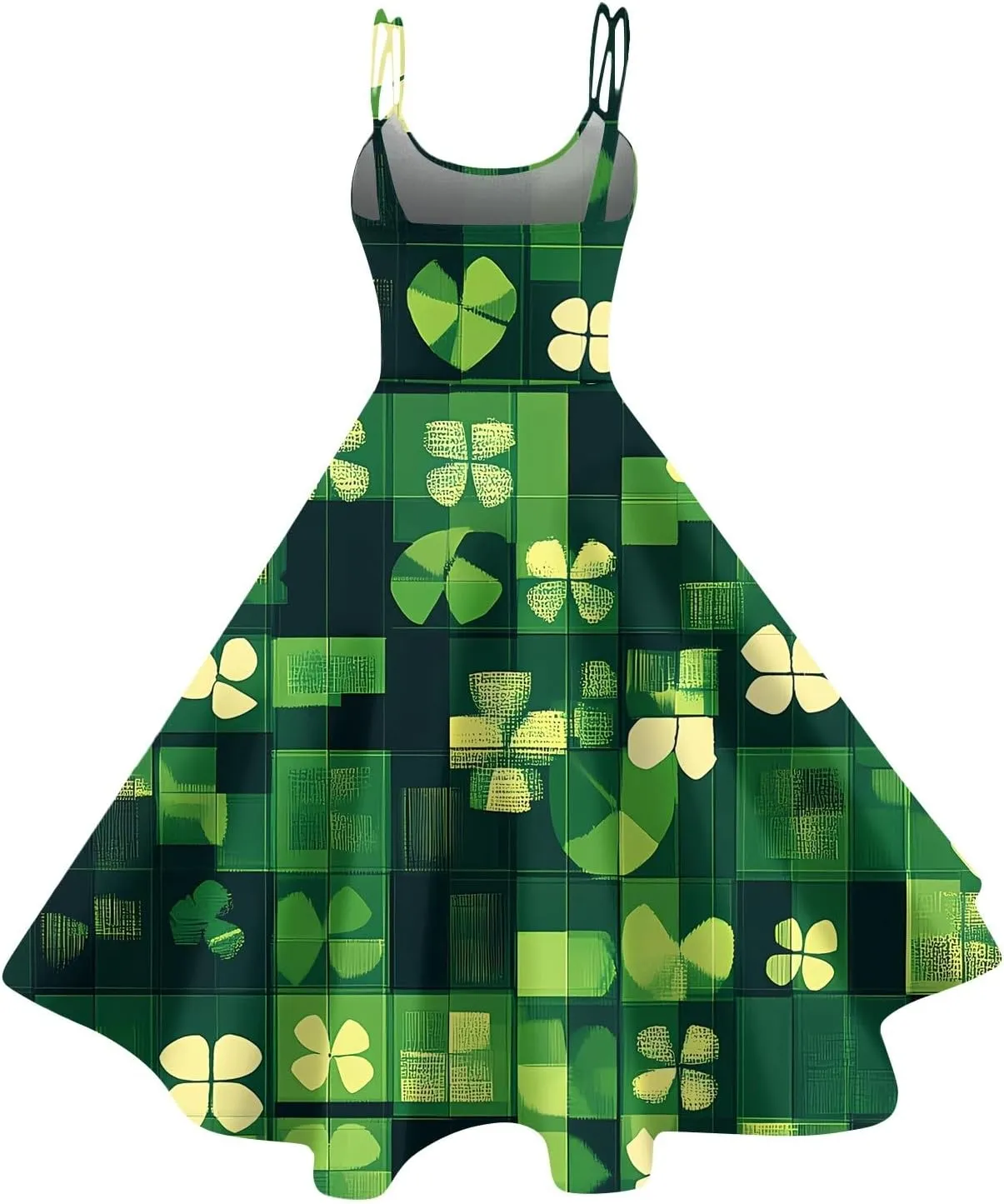 St Patricks Dress Ladies Dressy Vintage Sleeveless Midi Off Shoulder A-Line Swing Shamrock Print Dresses