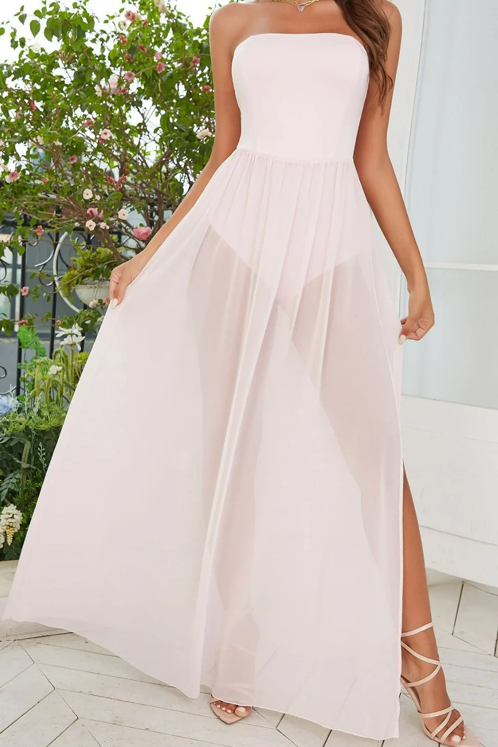Strapless Spliced Mesh Maxi Dress