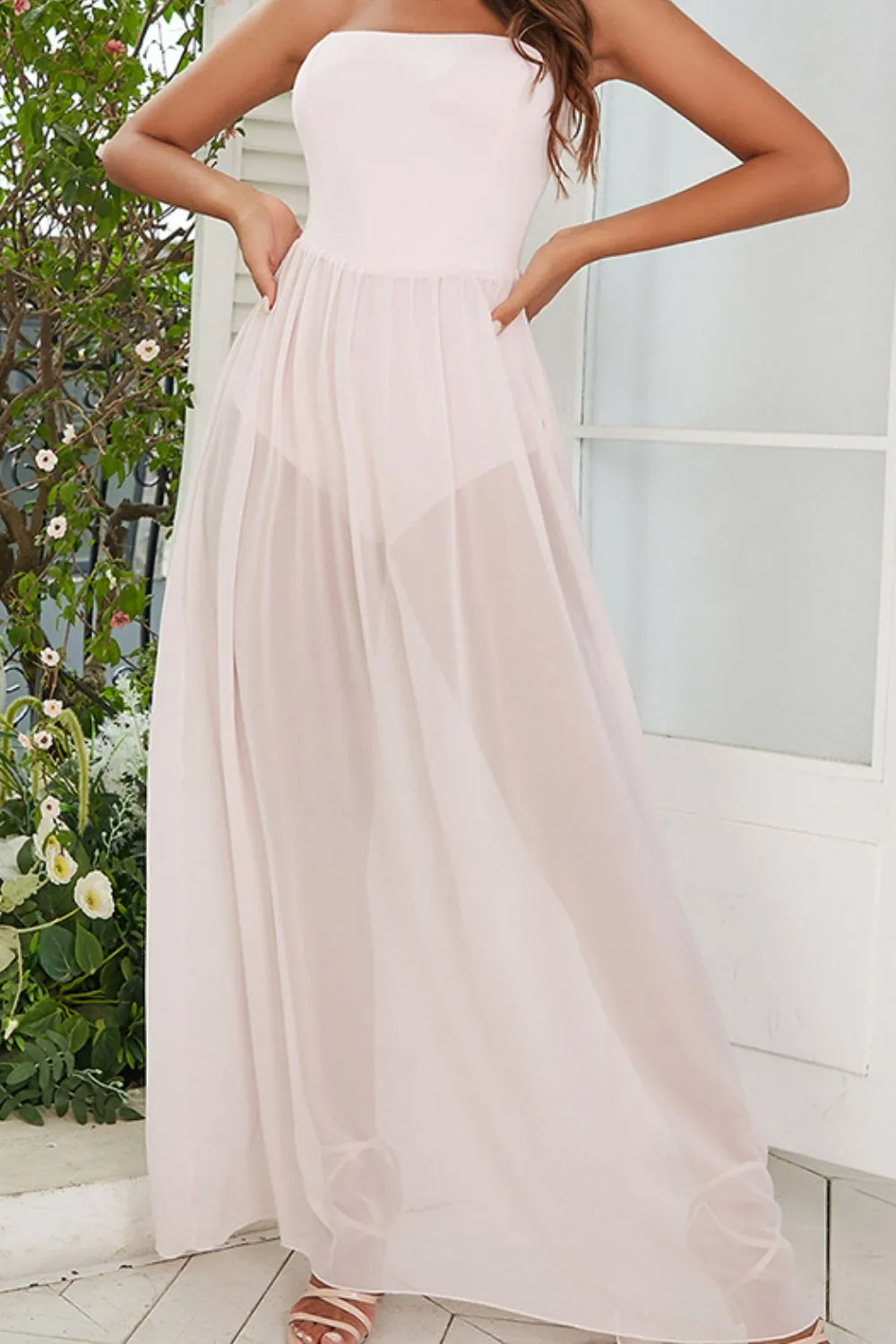 Strapless Spliced Mesh Maxi Dress