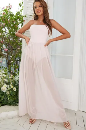 Strapless Spliced Mesh Maxi Dress