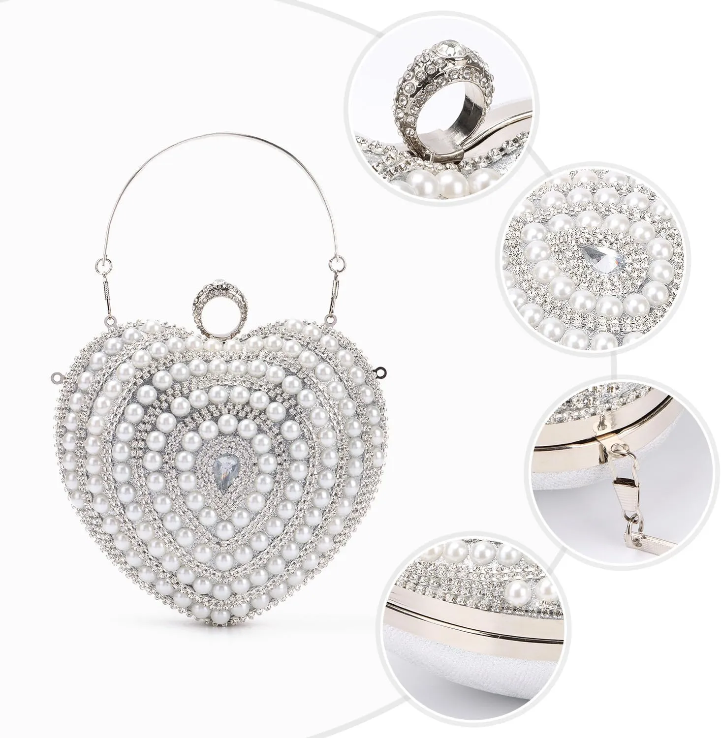 SUKUTU Cute Heart Shape Clutch Bag Women Elegant Pearl Rhinstone Evening Purse Wedding Party Bridal Prom Handbag