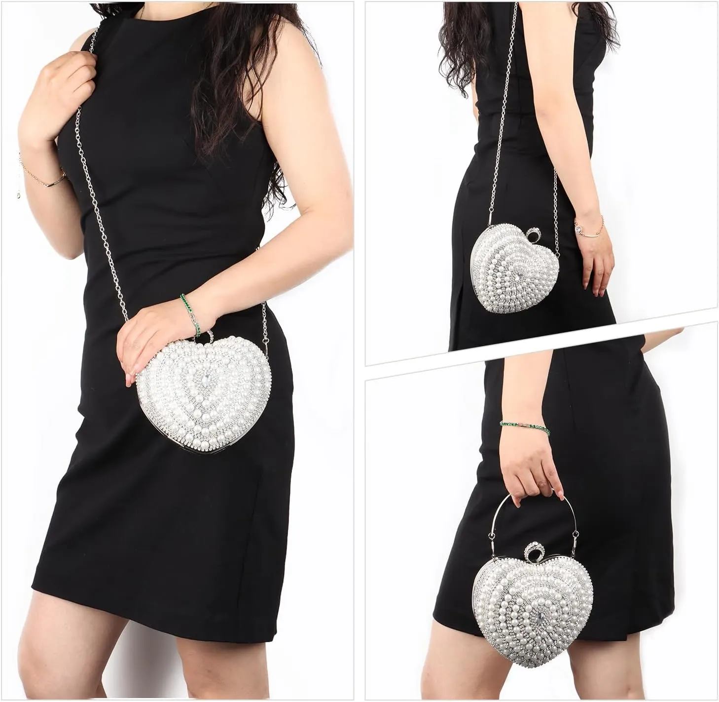 SUKUTU Cute Heart Shape Clutch Bag Women Elegant Pearl Rhinstone Evening Purse Wedding Party Bridal Prom Handbag