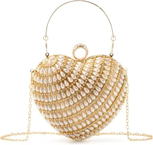 SUKUTU Cute Heart Shape Clutch Bag Women Elegant Pearl Rhinstone Evening Purse Wedding Party Bridal Prom Handbag
